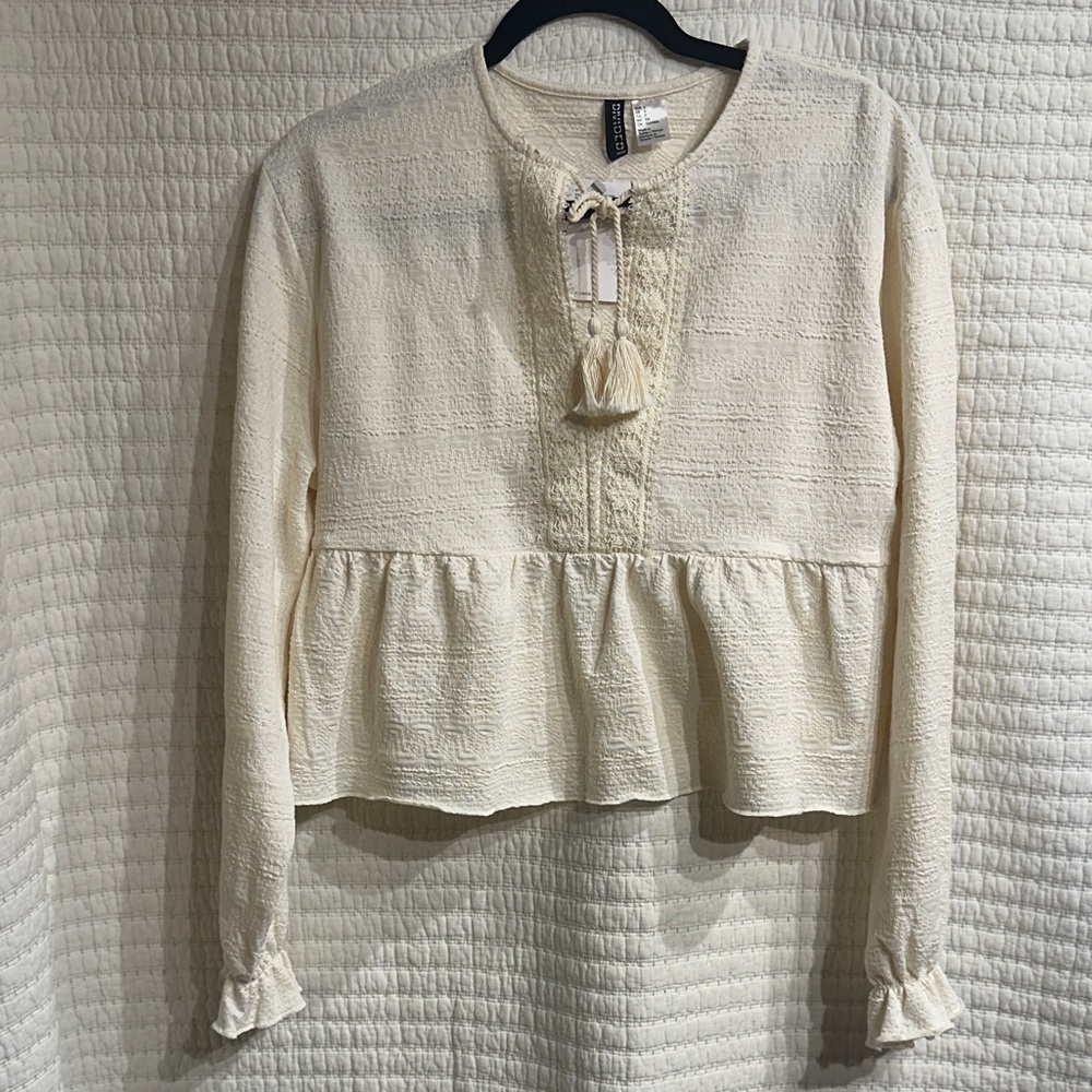 H&M Cream Textured Blouse with Tassel Detail